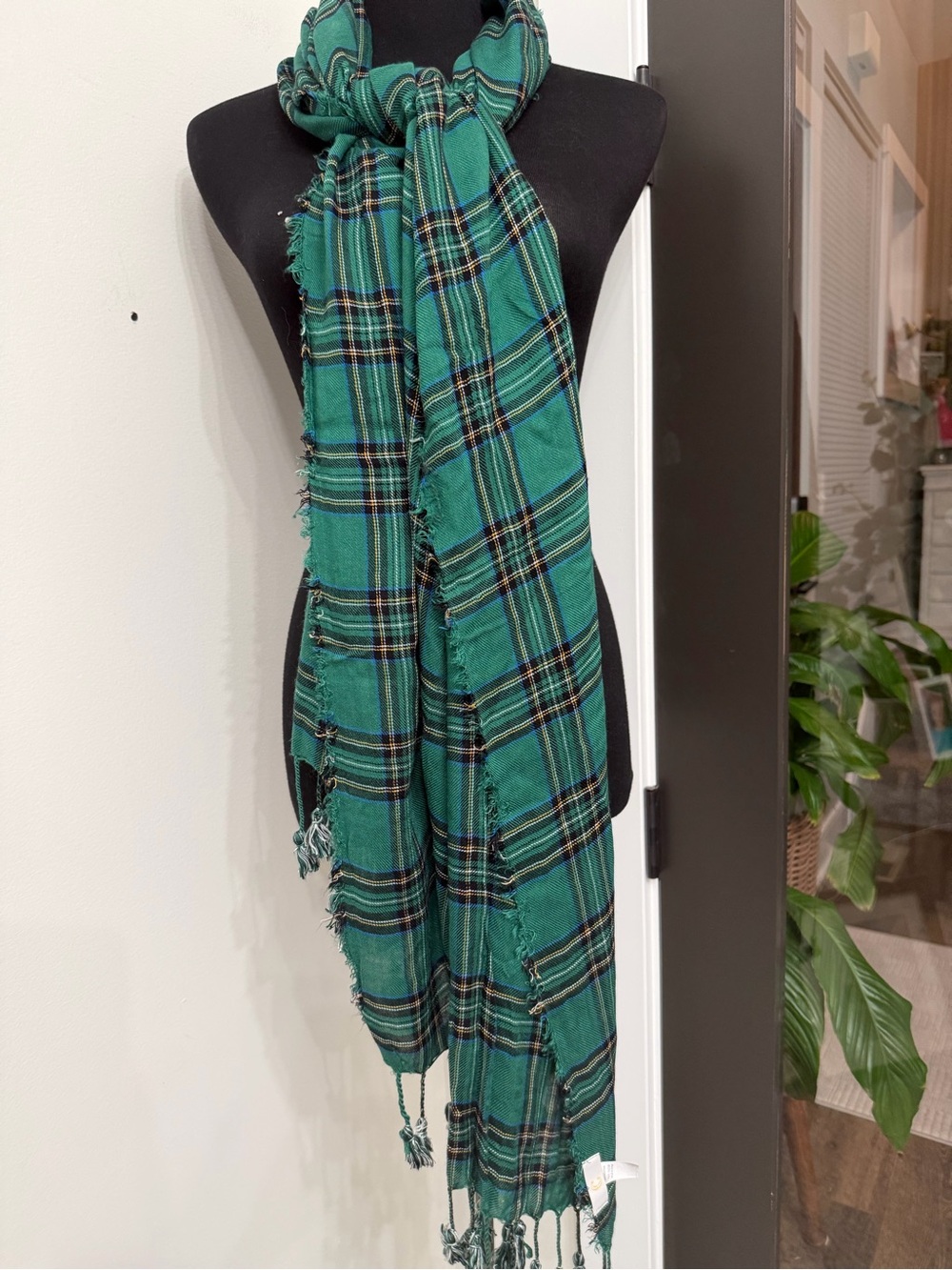 C Green Plaid Fringe Wrap Scarf - Picture 2 of 6